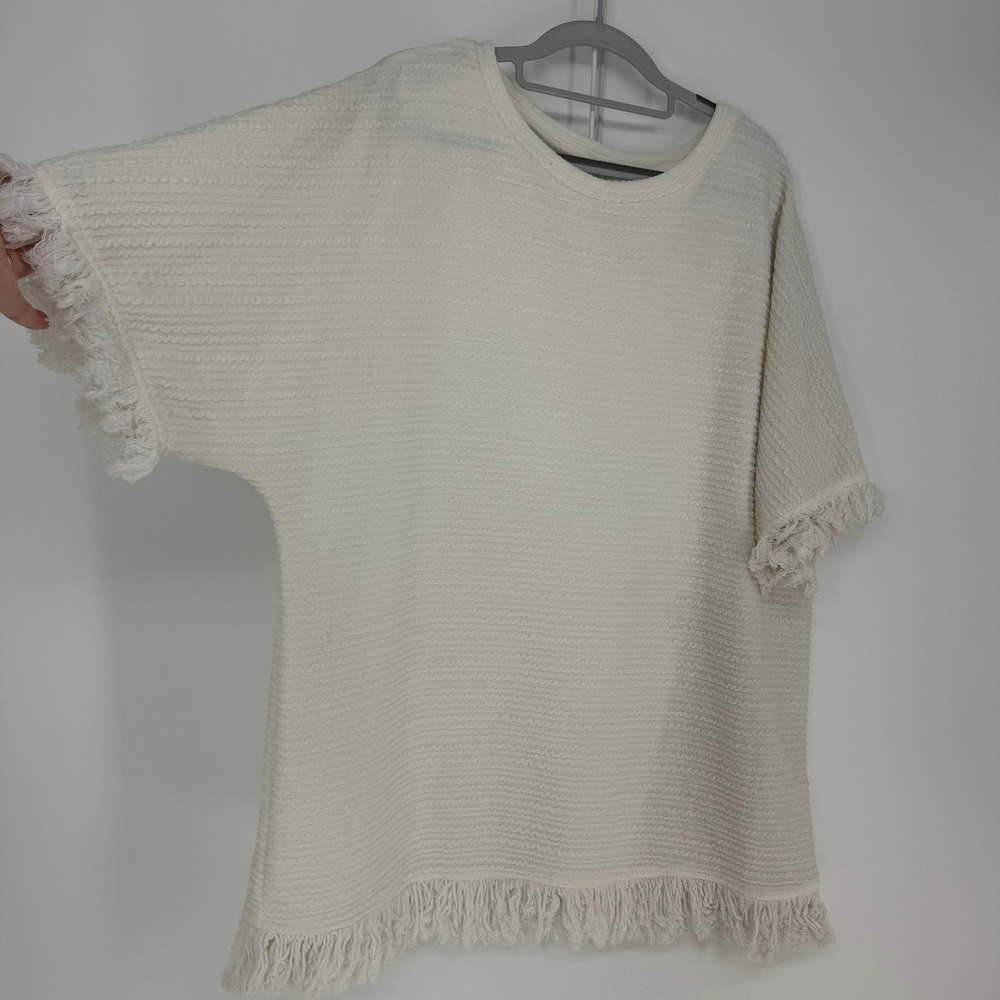 L Love Top Womens 3XL Cream Fringe Trim Boho Textured Short Sleeve Textured Boho